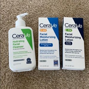 CeraVe cleanser, AM and PM facial lotion